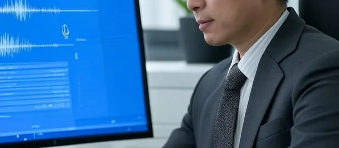 Một chuyên gia Việt Nam đang tương tác với giao diện Voicebot trên màn hình, hiển thị các hình sóng AI tinh tế và microphone trong môi trường dịch vụ khách hàng hiện đại.