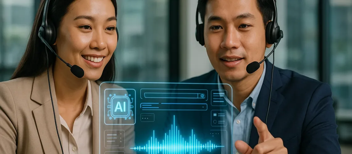 Trong văn phòng hiện đại, hai nhân viên chăm sóc khách hàng người Việt đội tai nghe tương tác với giao diện AI holographic hiển thị sóng âm và UI kỹ thuật số, minh họa kịch bản voicebot