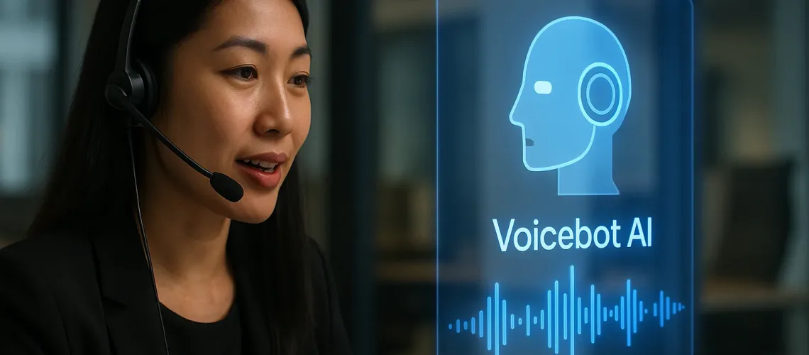 Phụ nữ Việt Nam đeo tai nghe trò chuyện với giao diện AI hologram có chữ "Voicebot AI" trong văn phòng hiện đại, minh họa cho Voicebot là gì