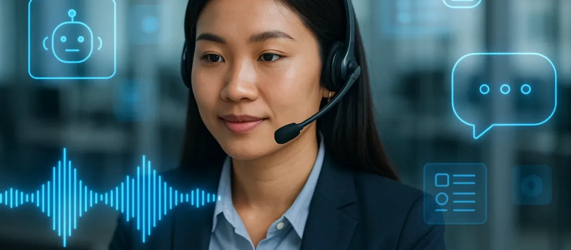 Tổng đài viên ảo nữ Việt Nam đeo tai nghe hiện đại trong văn phòng tối giản, xung quanh là giao diện AI xanh dương và sóng âm kỹ thuật số