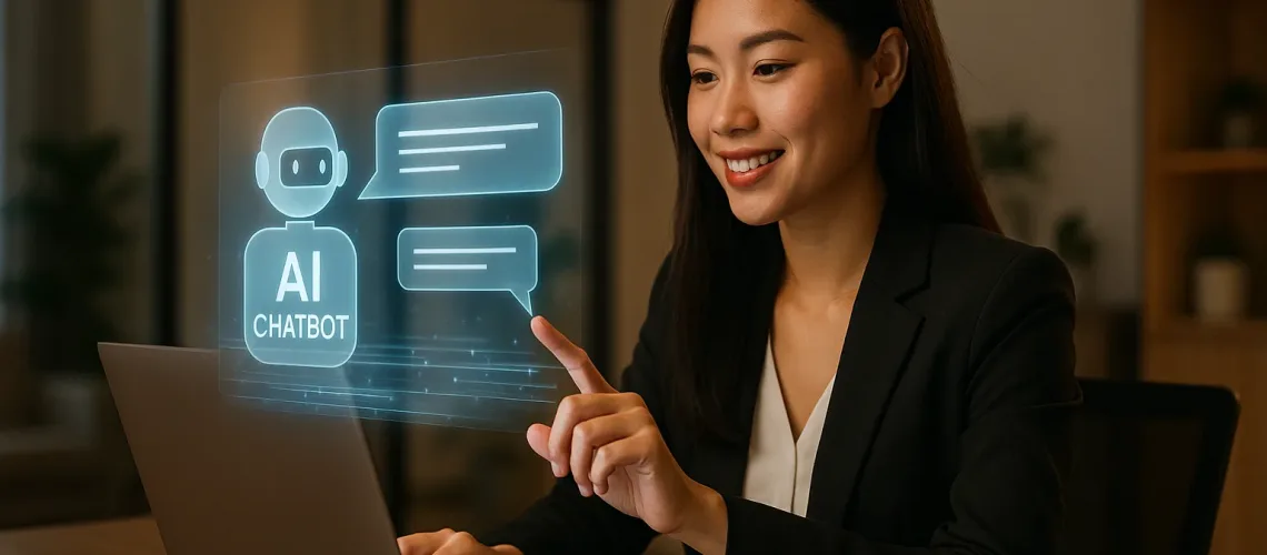 nu-doanh-nhan-ngoi-trong-van-phong-hien-dai-tuong-tac-voi-chatbot-doanh-nghiep-holographic-tren-laptop-chat-bubbles-va-dong-du-lieu-chu-ca-nhan-hoa-trai-nghiem-o-goc-phai Nữ doanh nhân ngồi trong văn phòng hiện đại tương tác với chatbot doanh nghiệp holographic trên laptop, chat bubbles và dòng dữ liệu, chữ “Cá nhân hóa trải nghiệm” ở góc phải